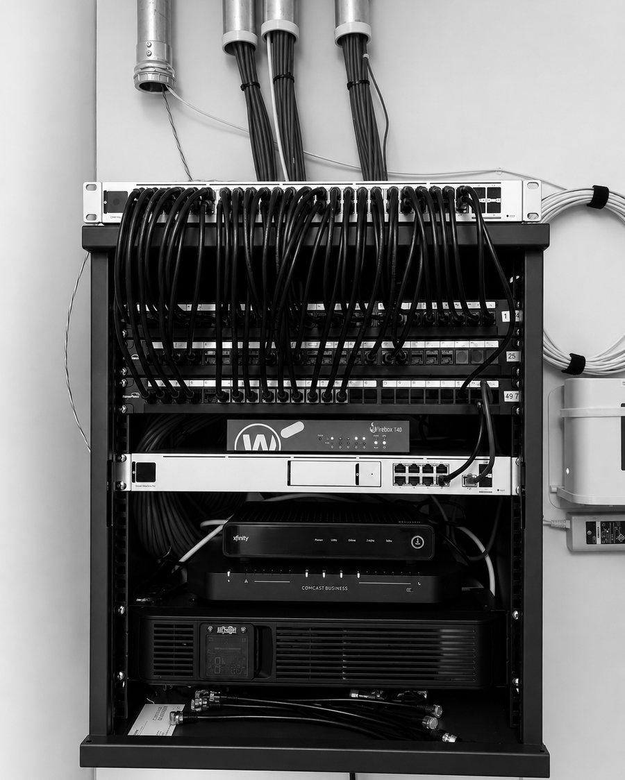 A wall-mounted rack with patch panels, firewall and UPS